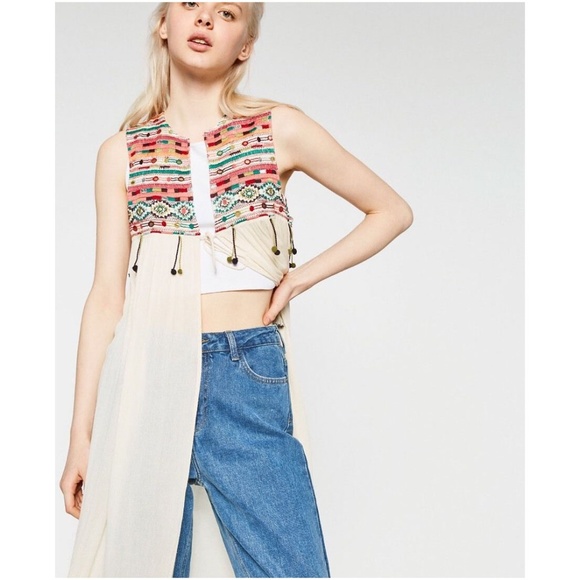 Embroidered Long Waistcoat PomPoms Ecru Cream - Picture 3 of 8